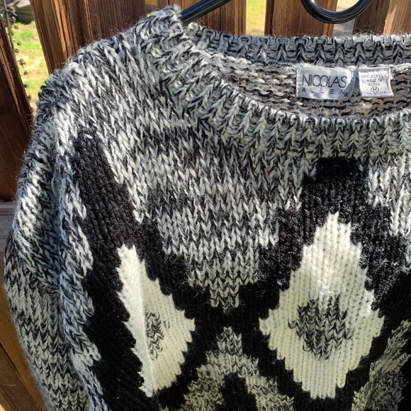 Vintage black white gray chevron chunky knit crewneck oversized grandpa sweater - Picture 15 of 16